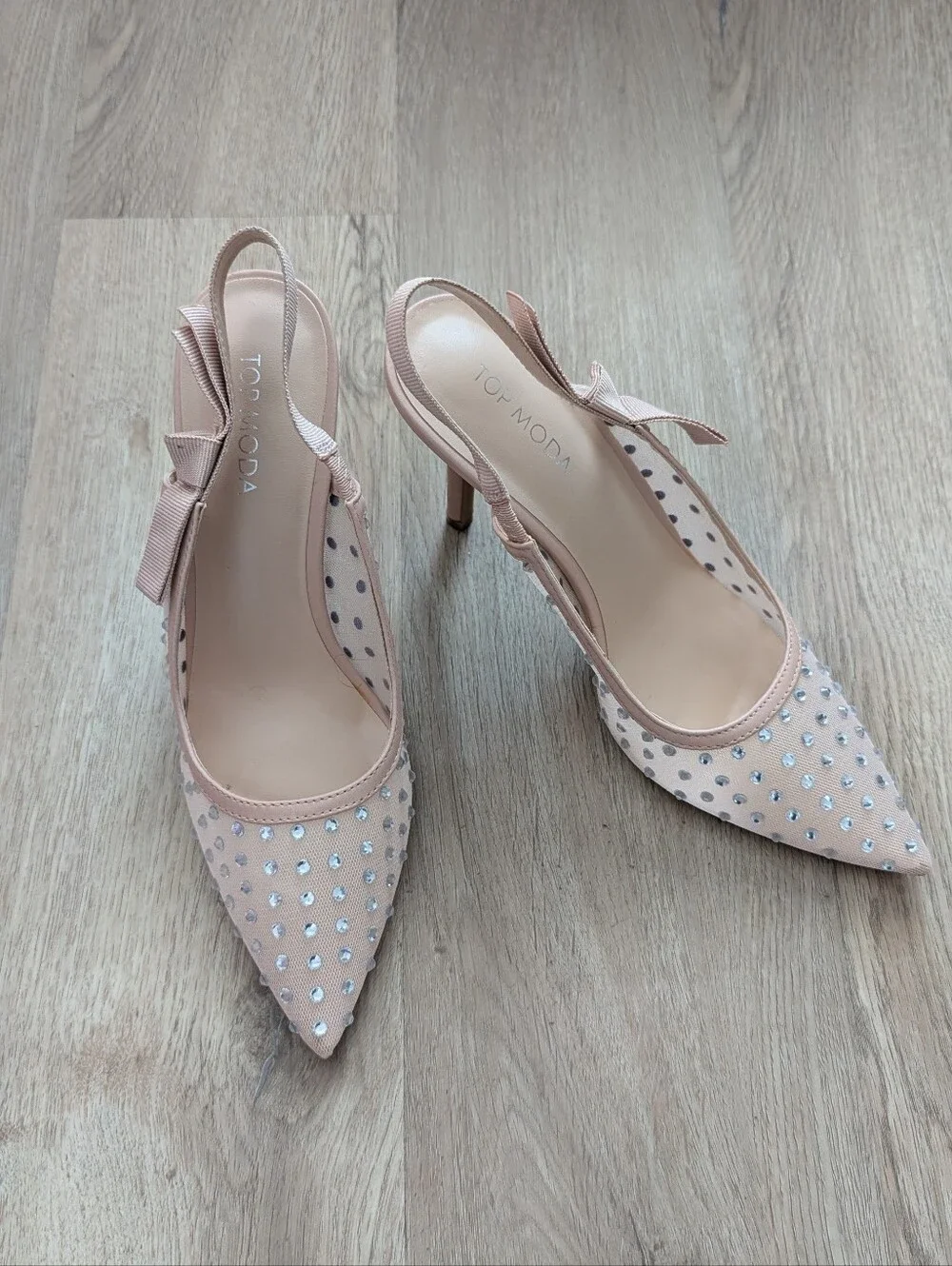 Nude Sparkle Rhinestone Bling Pointed Slingback Pumps/Heels with Crystal Accents